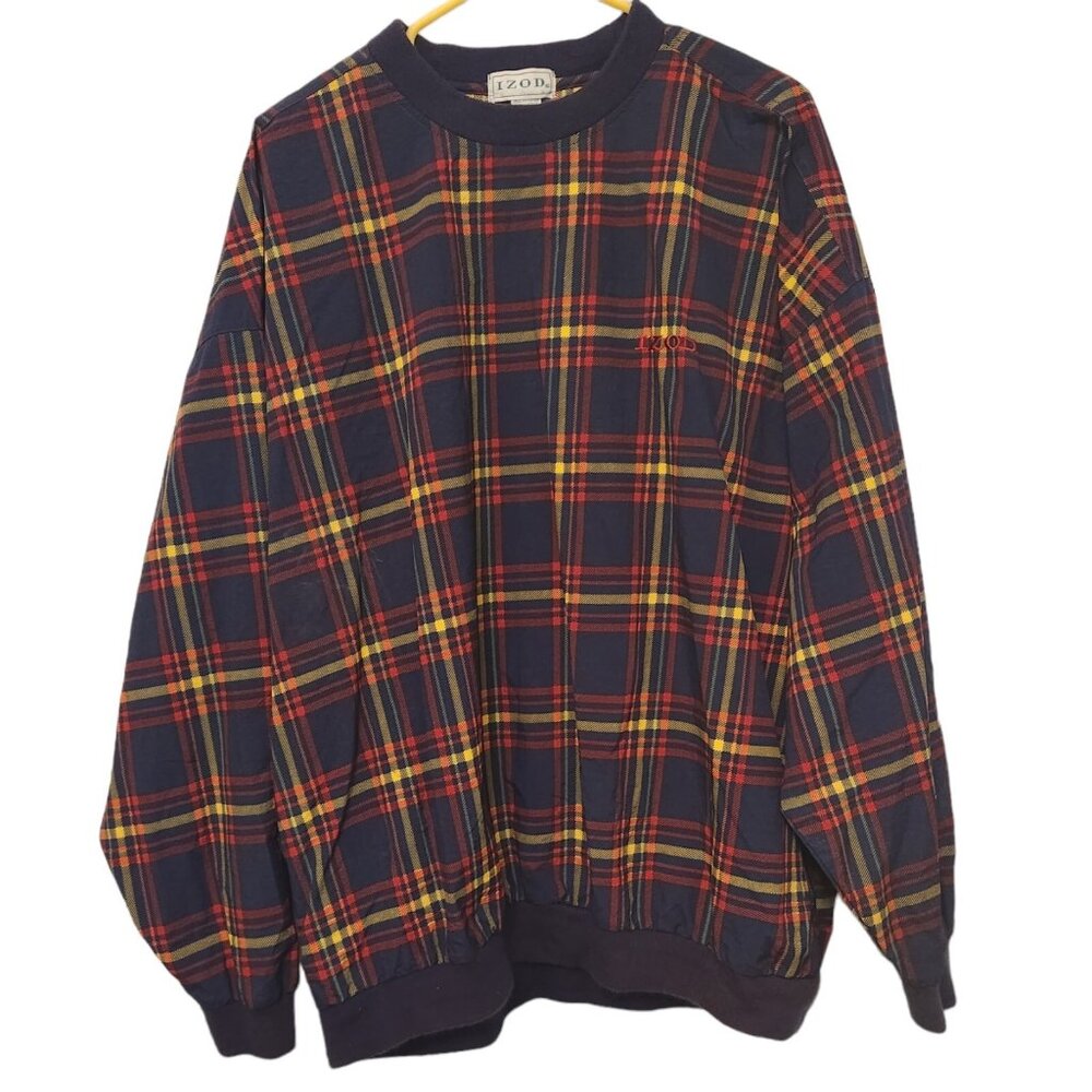 IZOD Tartan Plaid Jacket Pullover Nylon Golf Pockets Vintage 1990s Mens XL EUC